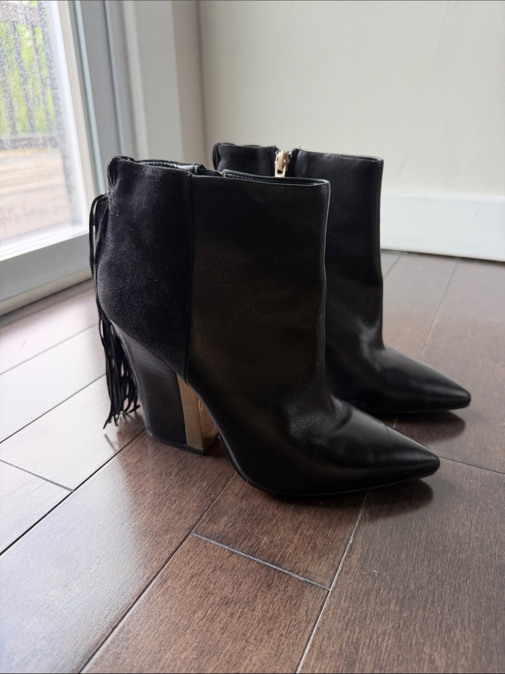 Sam Edelman Black Pointed Fringe Ankle Boots with Gold Accent Heel